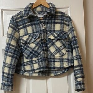 Zara Oversized Cropped Blue and White Shacket Plaid Jean Jacket Like new size S